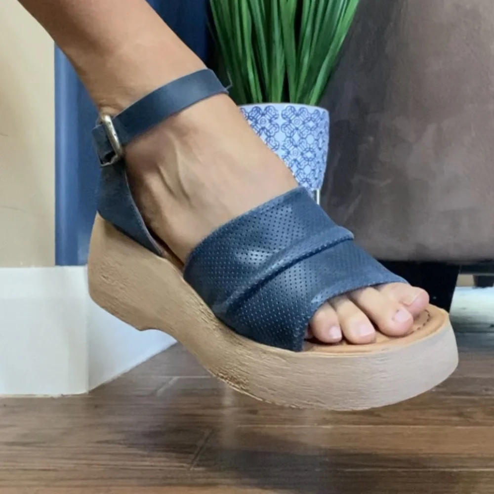 Miz Mooz Navy Leather Platform Sandals